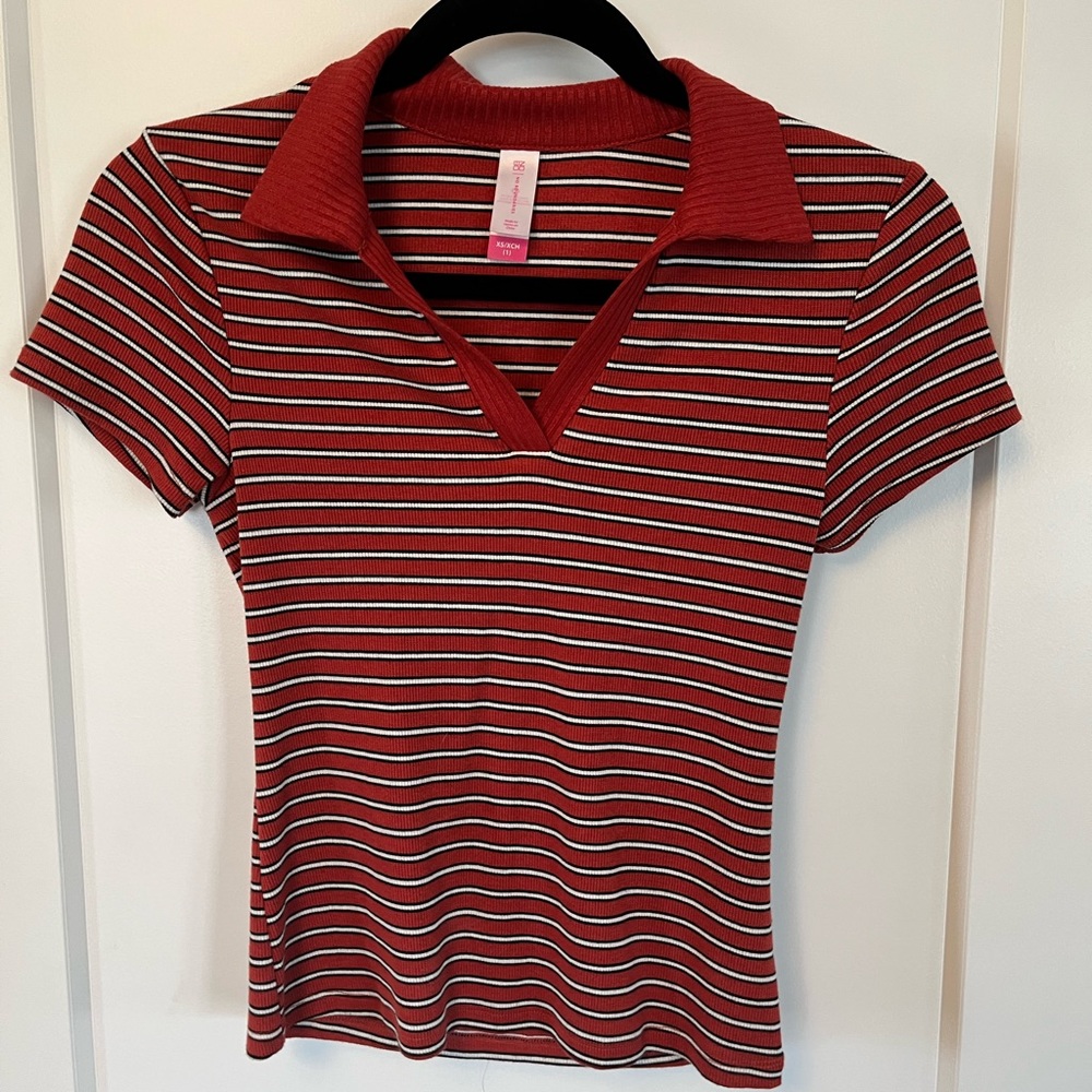 No Boundaries Ribbed Collard Striped Short Sleeve Tee